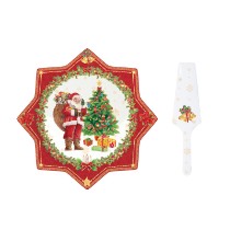 Set platou si paleta tort, portelan, 32 cm, "Vintage Christmas - Tree" - Nuova R2S