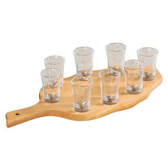 Set 8 pahare shot, sticla, cu supor din lemn de fag - Kesper