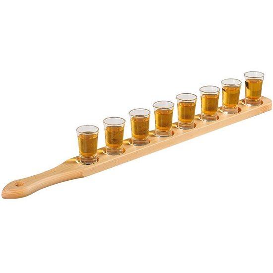 Set 8 pahare shot, sticla, cu suport din lemn de pin - Kesper