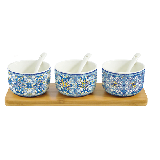 Set 3 boluri pentru sos din portelan cu tava "Maiolica" albastru - Nuova R2S