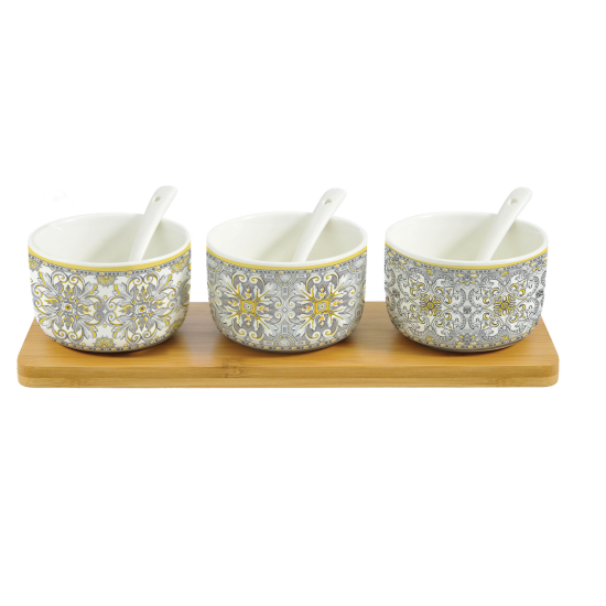 Set 3 boluri pentru sos din portelan cu tava "Maiolica" gri - Nuova R2S