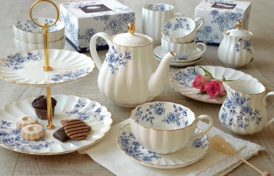 Set 2 platouri servire etajate "Blue Peonies", 16-21 cm - Nuova R2S