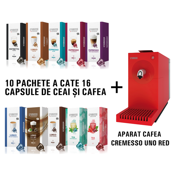 Pachet promo capsule + Aparat cafea Uno Fire Red - Cremesso Swiss