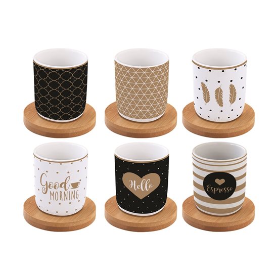 Set 6 cesti cu farfurioare, portelan, 70ml, "Coffee Mania", negru si auriu - Nuova R2S