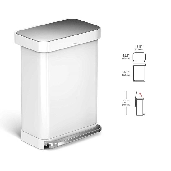 Cos de gunoi cu pedala, 55 L, inox, Alb - simplehuman