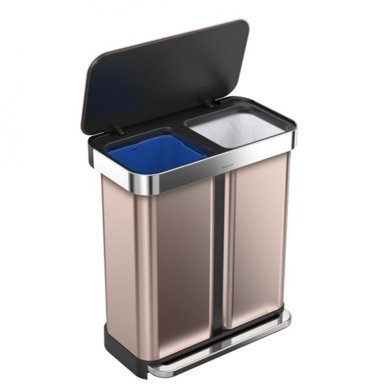 Cos de gunoi cu pedala, dublu compartimentat, 58 L inox, Rose Gold - simplehuman