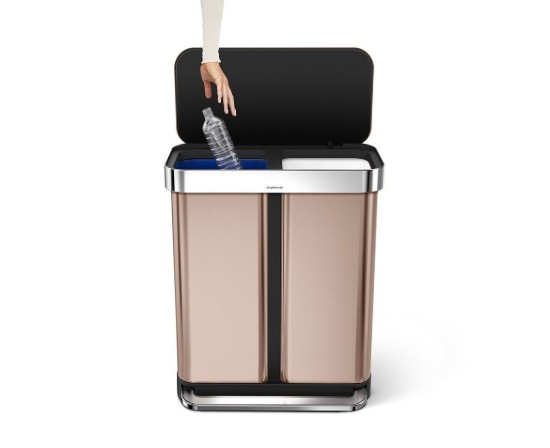 Cos de gunoi cu pedala, dublu compartimentat, 58 L inox, Rose Gold - simplehuman