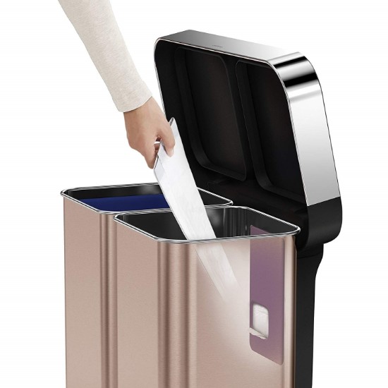 Cos de gunoi cu pedala, dublu compartimentat, 58 L inox, Rose Gold - simplehuman