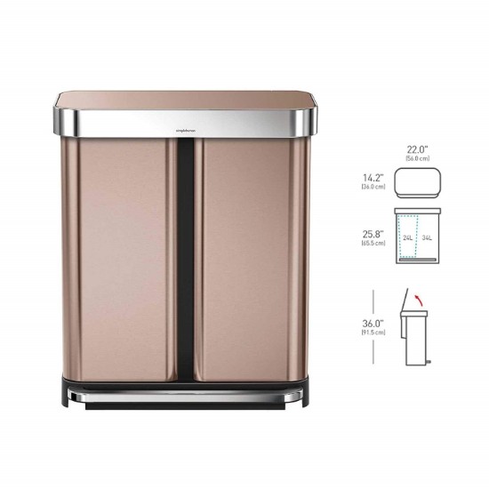 Cos de gunoi cu pedala, dublu compartimentat, 58 L inox, Rose Gold - simplehuman