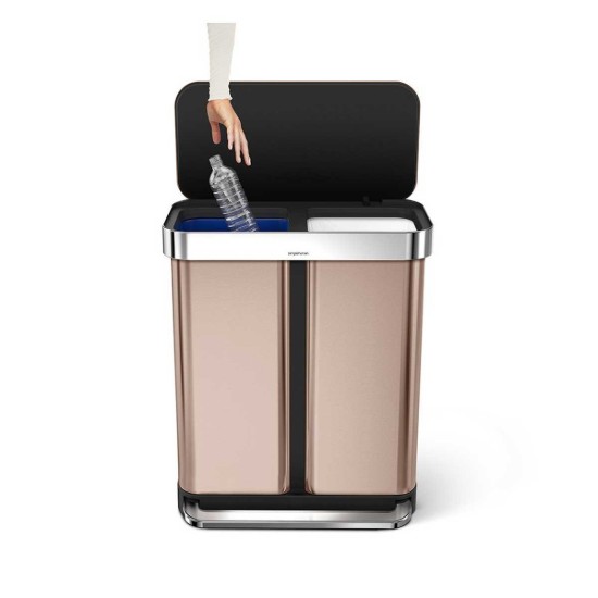Cos de gunoi cu pedala, dublu compartimentat, 58 L inox, Rose Gold - simplehuman
