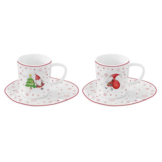 Set 2 cesti cafea cu farfurioare "Christmas Gnomes", 120 ml, portelan - Nuova R2S