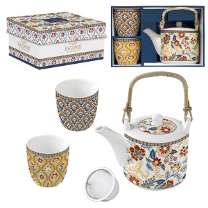 Ceainic portelan, 600ml, cu infuzor si 2 cani, "Paisley Abundance" - Easy Life