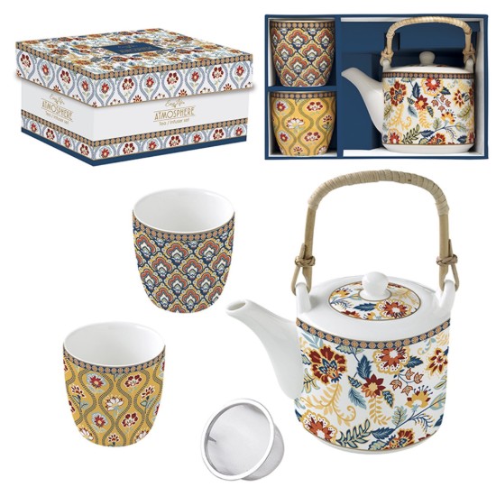 Ceainic portelan, 600ml, cu infuzor si 2 cani, "Paisley Abundance" - Easy Life