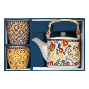 Ceainic portelan, 600ml, cu infuzor si 2 cani, "Paisley Abundance" - Easy Life