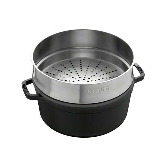 Oala Cocotte fonta, cu accesoriu pentru gatit la abur, 26cm/5,2L, Black - Staub