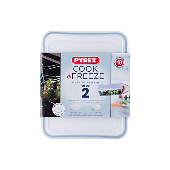 Set 2 caserole dreptunghiulare, din sticla termorezistenta, cu capac, 1,5L/2,6L, "Cook&Freeze" - Pyrex