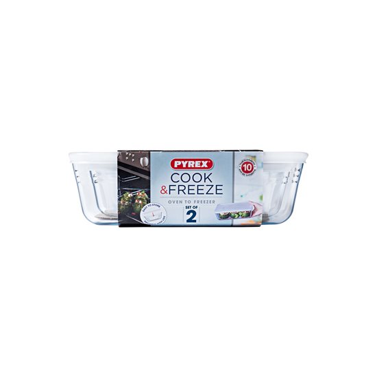 Set 2 caserole dreptunghiulare, din sticla termorezistenta, cu capac, 1,5L/2,6L, "Cook&Freeze" - Pyrex