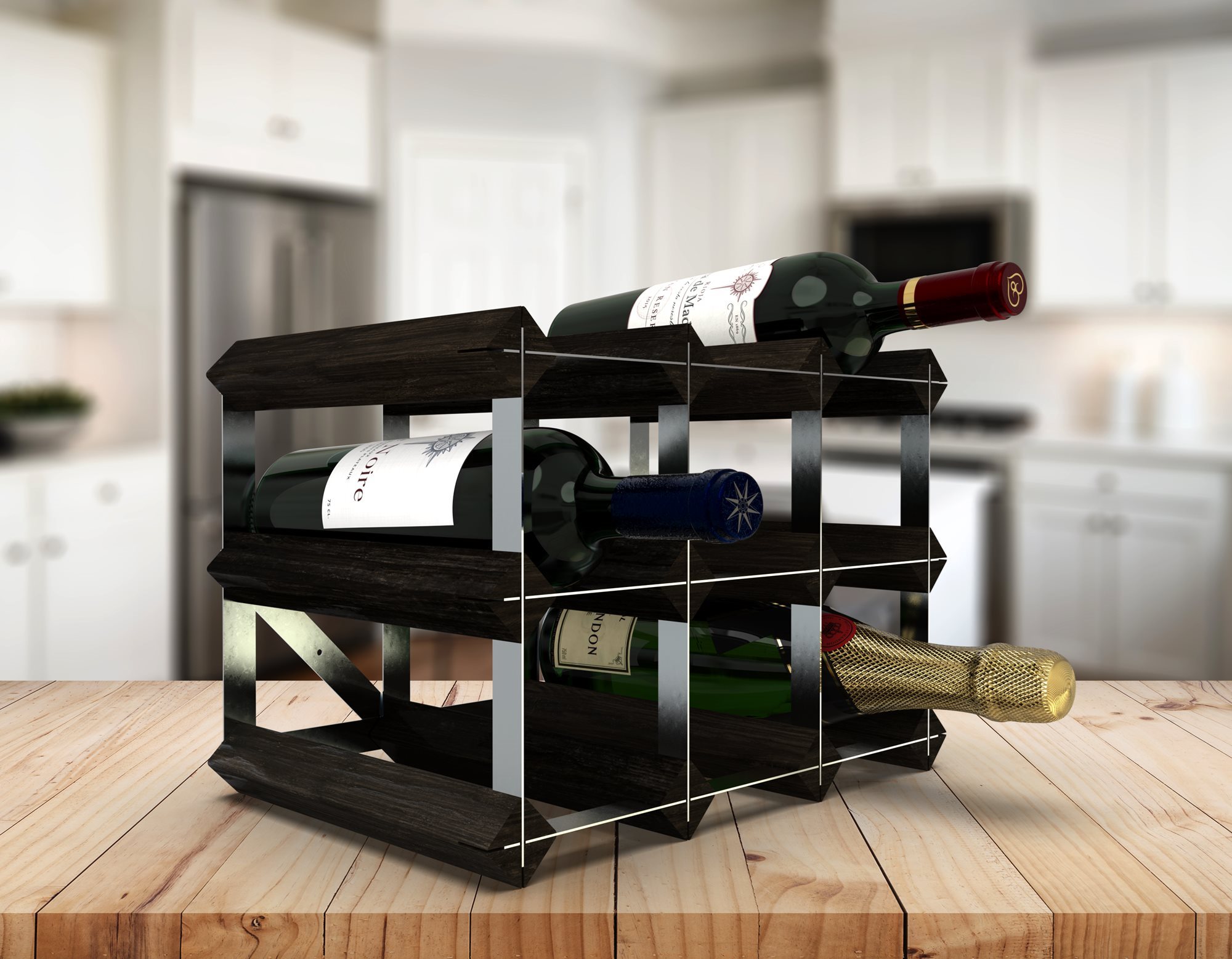 Articulation Distinction Year Raft pentru 9 sticle de vin, lemn de pin, Black Ash - RTA | KitchenShop
