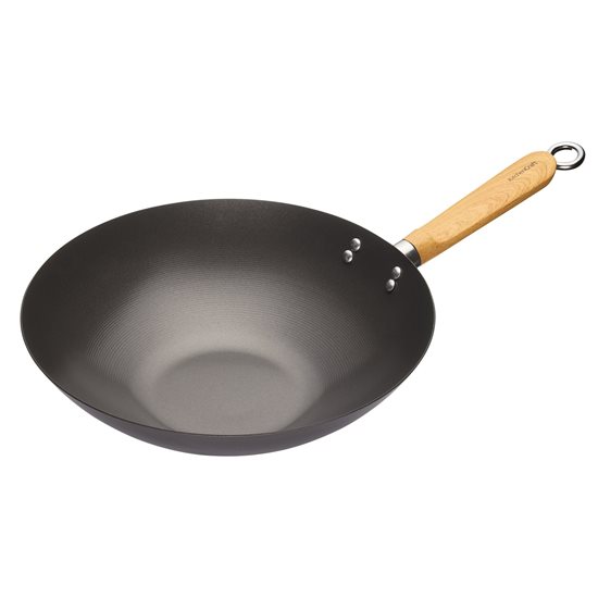 Tigaie wok, cu maner din lemn, 30 cm, otel carbon - Kitchen Craft