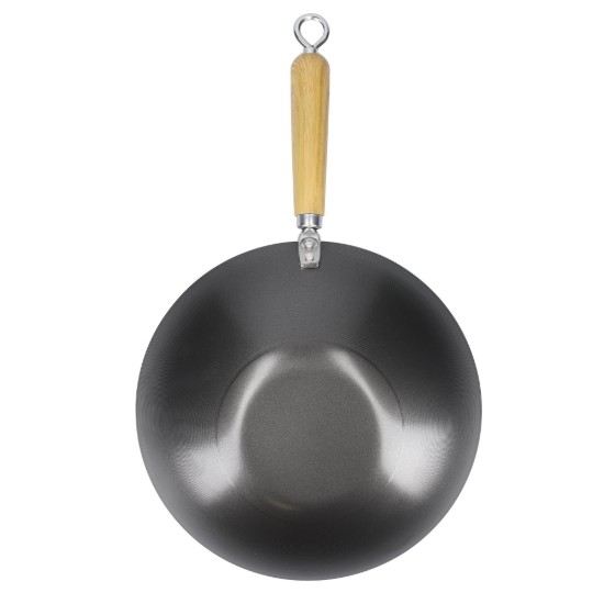 Tigaie wok, cu maner din lemn, otel carbon, 30 cm - Kitchen Craft