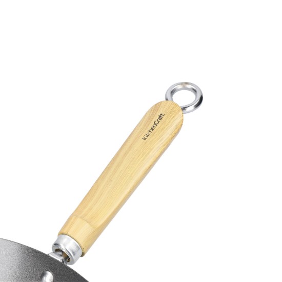 Tigaie wok, cu maner din lemn, otel carbon, 30 cm - Kitchen Craft
