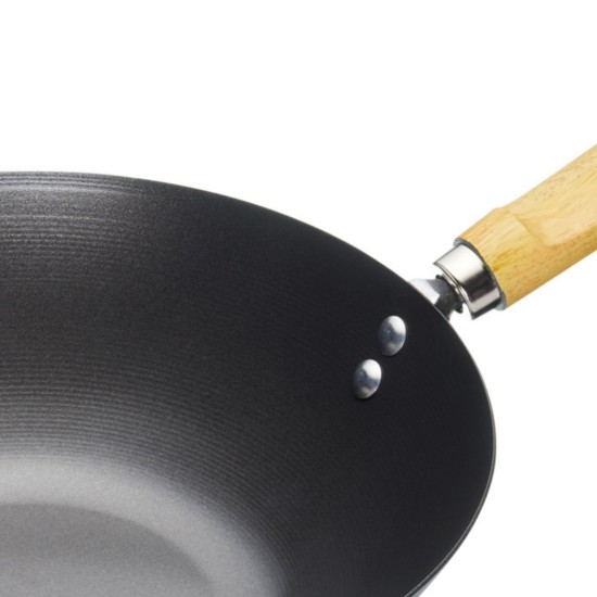 Tigaie wok, cu maner din lemn, otel carbon, 30 cm - Kitchen Craft