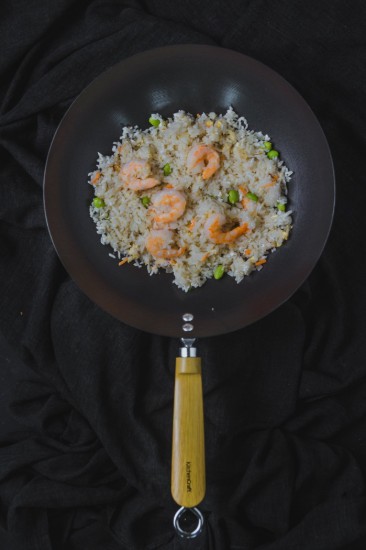 Tigaie wok, cu maner din lemn, otel carbon, 30 cm - Kitchen Craft