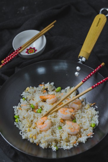 Tigaie wok, cu maner din lemn, otel carbon, 30 cm - Kitchen Craft
