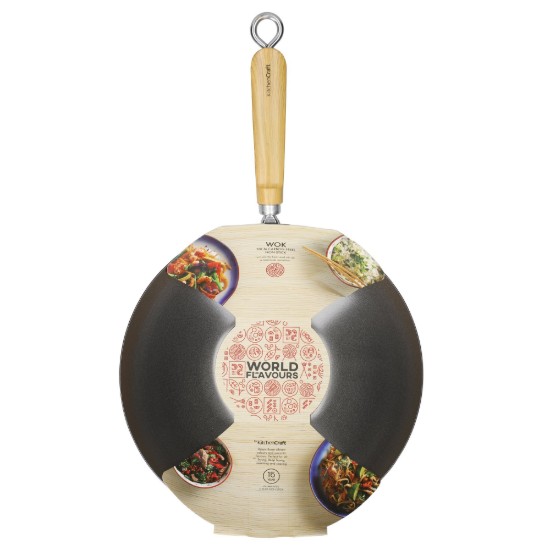 Tigaie wok, cu maner din lemn, otel carbon, 30 cm - Kitchen Craft