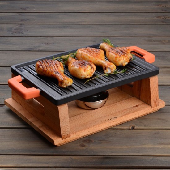 Grill fonta, 28,7 x 20,7 cm, cu suport din lemn - LAVA