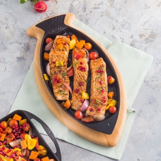 Tava pentru peste, fonta, 24 x 15 cm, cu suport lemn - LAVA