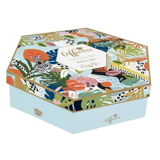 Set 6 cesti cu farfurioare, portelan, 70ml, "Tropical Vibes" - Easy Life