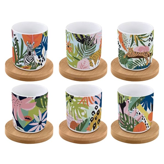 Set 6 cesti cu farfurioare, portelan, 70ml, "Tropical Vibes" - Easy Life