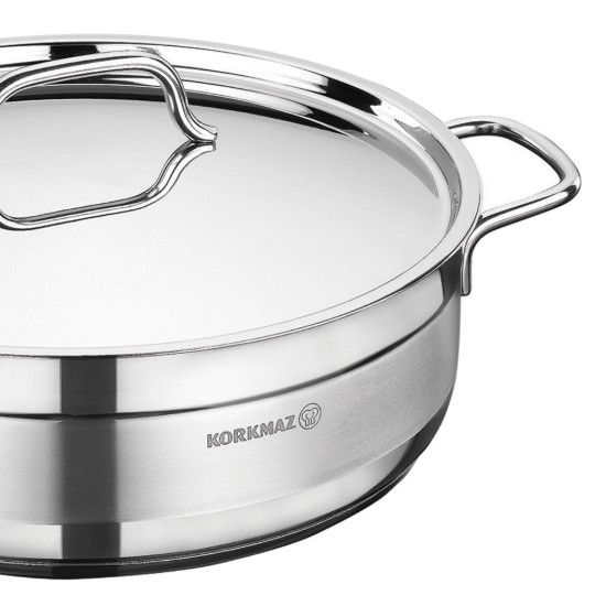 Tigaie saute, 3-Ply, inox, cu capac, 28cm/5,5L, "Alfa" - Korkmaz