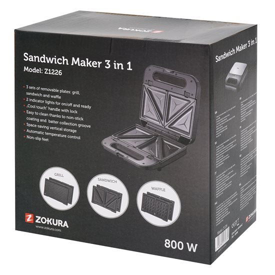 Sandwich-maker 3 in 1, 2 felii, 800W - Zokura