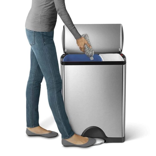 Cos de gunoi dublu compartimentat, cu pedala, inox, 46 L, Brushed - simplehuman