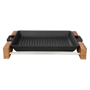 Tava grill fonta, 32 x 26 cm, cu suport din lemn - LAVA