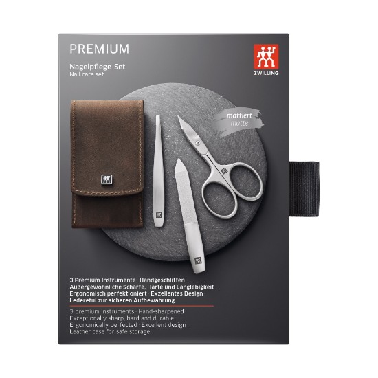 Set manichiura 3 piese, inox, etui piele maro - Zwilling PREMIUM