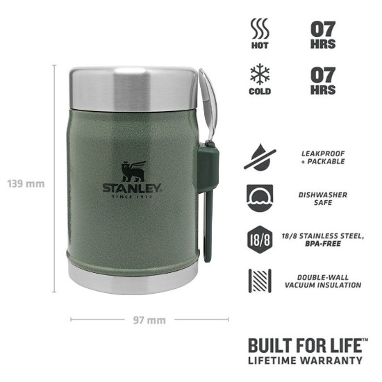 Recipient vidat, inox, cu tacam, 400ml, "Classic Legendary", Hammertone Green - Stanley