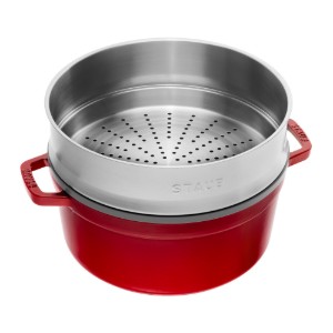 Oala Cocotte fonta, cu accesoriu pentru gatit la abur, 24cm/3,79L, Cherry - Staub
