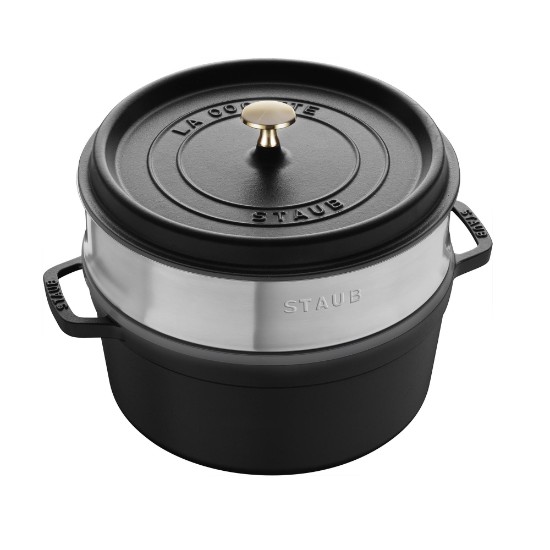 Oala Cocotte fonta, cu accesoriu pentru gatit la abur, 26cm/5,2L, Black - Staub