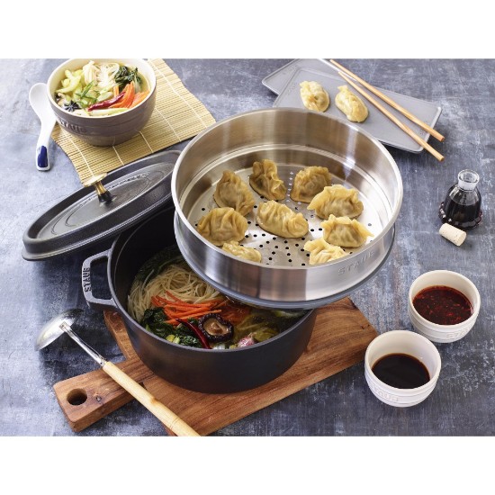 Oala Cocotte fonta, cu accesoriu pentru gatit la abur, 24cm/3,79L, Black - Staub