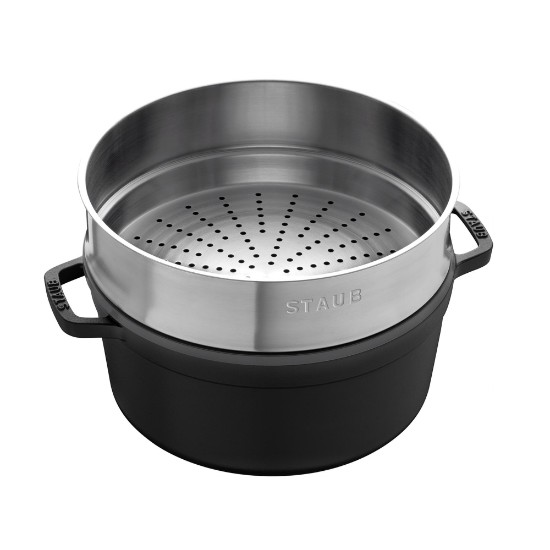 Oala Cocotte fonta, cu accesoriu pentru gatit la abur, 24cm/3,79L, Black - Staub