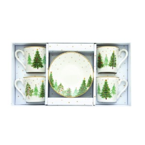 Set 4 cesti cu farfurioare, portelan, 100ml, "Festive TREES" - Nuova R2S