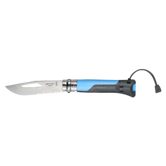 Cutit de buzunar cu fluier N°08, inox, 8,5 cm, "Outdoor", Soft Blue - Opinel