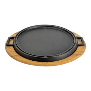 Grill rotund fonta, reversibil, 34 cm, cu suport din lemn - LAVA