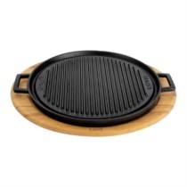 Grill rotund fonta, reversibil, 34 cm, cu suport din lemn - LAVA