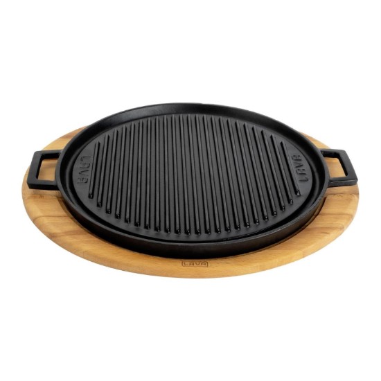 Grill rotund fonta, reversibil, 34 cm, cu suport din lemn - LAVA