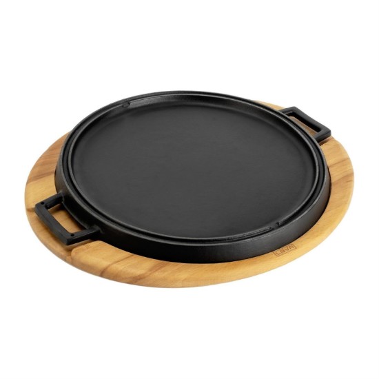 Grill rotund fonta, reversibil, 34 cm, cu suport din lemn - LAVA