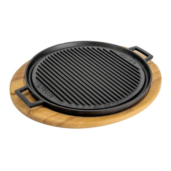 Grill rotund fonta, reversibil, 34 cm, cu suport din lemn - LAVA
